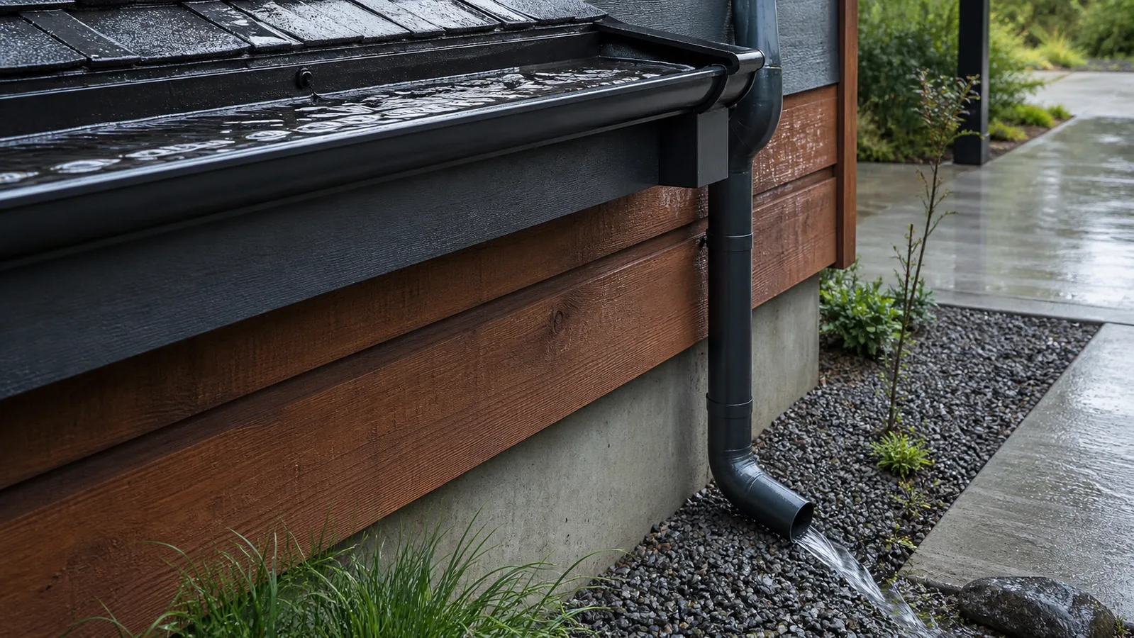 Rainwater flowing from a clean gutter through a downspout toward a gravel drainage strip