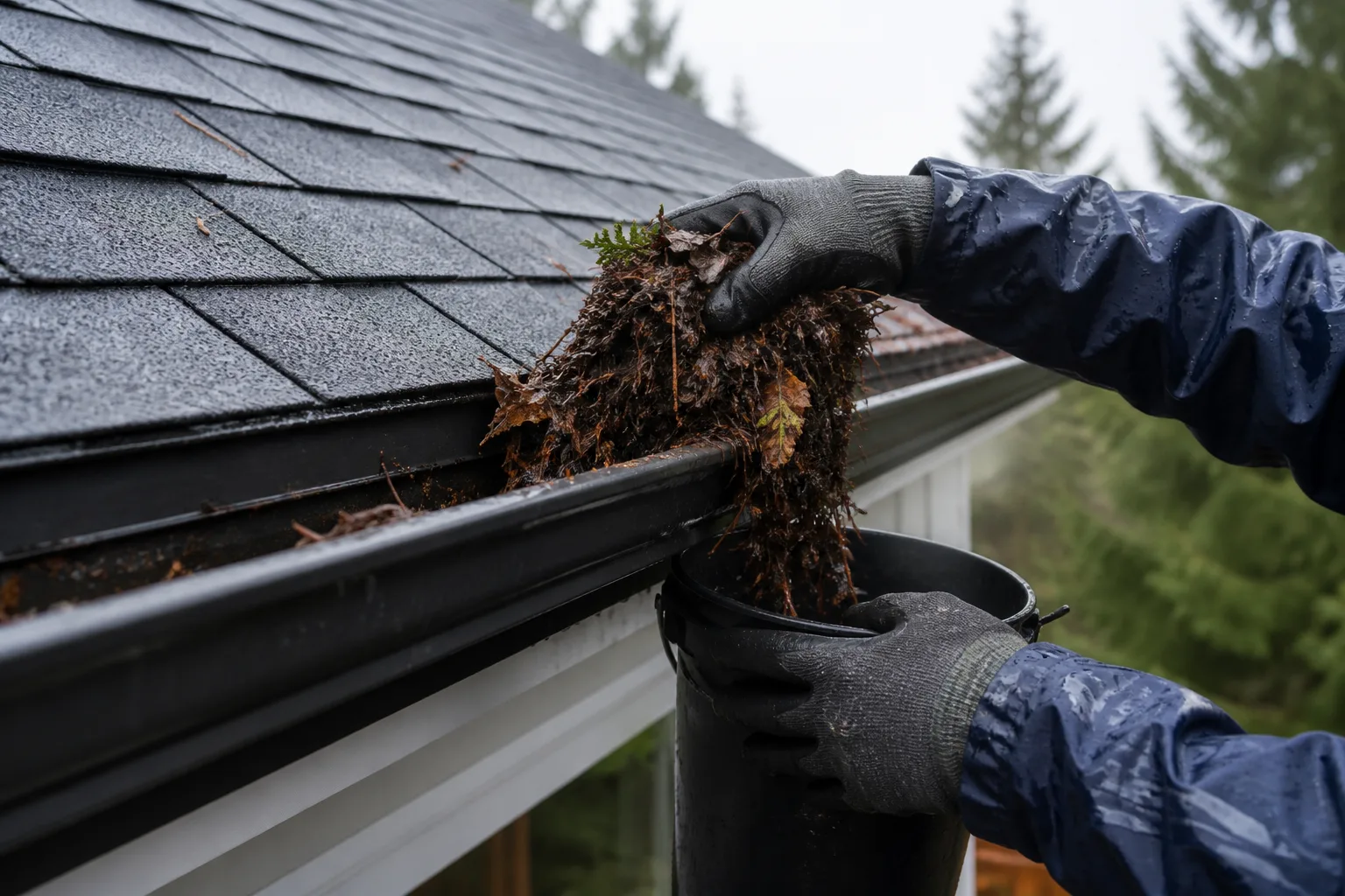 Gloved technician removing wet cedar debris from a residential gutter